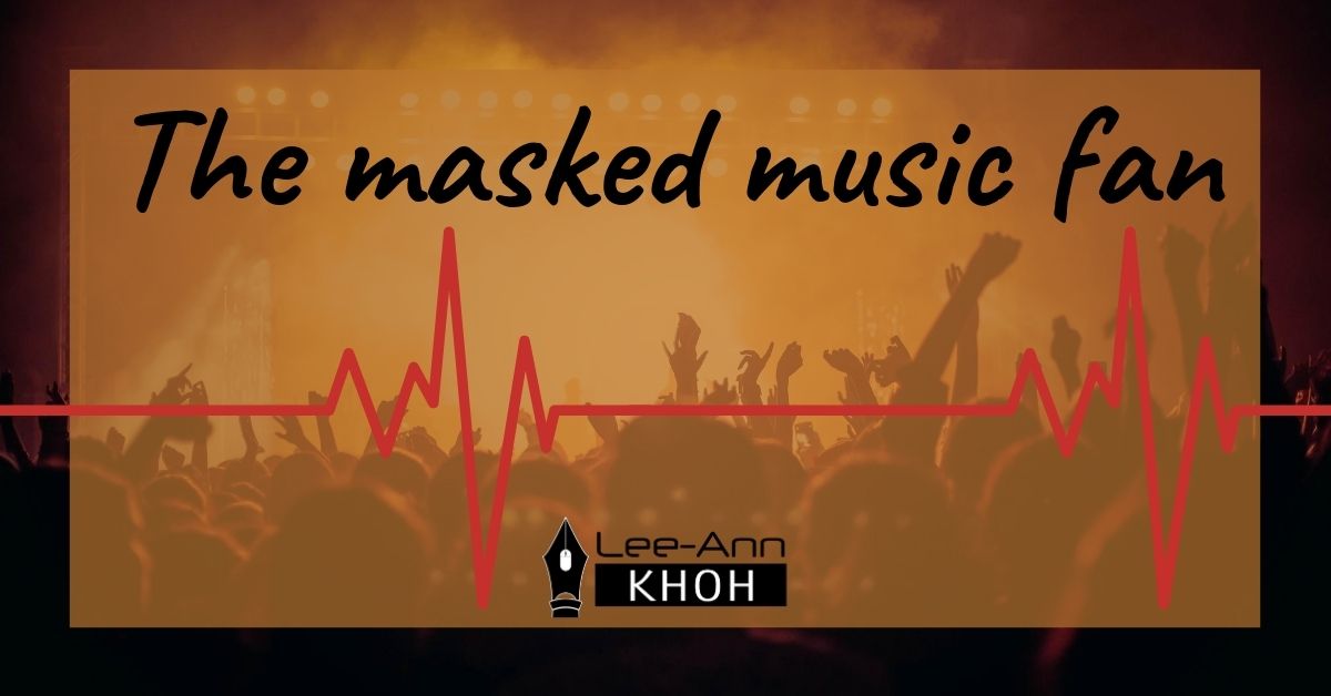 Text reads: The masked music fan. Image contains a concert crowd and a heartbeat line.