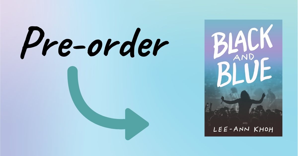 Text reads: Pre-order. An arrow points to Black and Blue by Lee-Ann Khoh book cover.