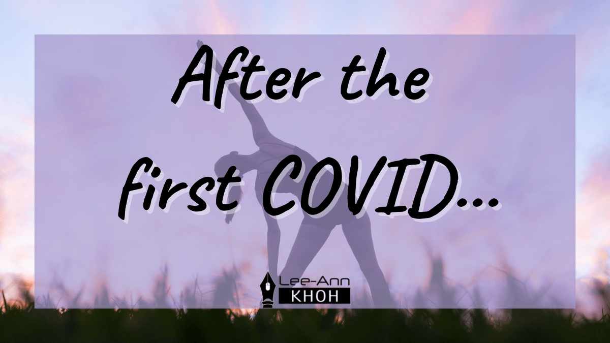 Text reads: After the first COVID. Background contains the silhouette of a woman stretching to the one side in a triangle pose.