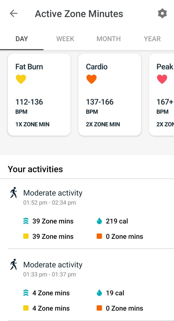 Fitbit screenshot shows Moderate activity from 1:52pm-2:34pm (39 active zone minutes, 219 calories burned) and from 1:33pm-1:37pm (4 active zone minutes, 19 calories burned).
